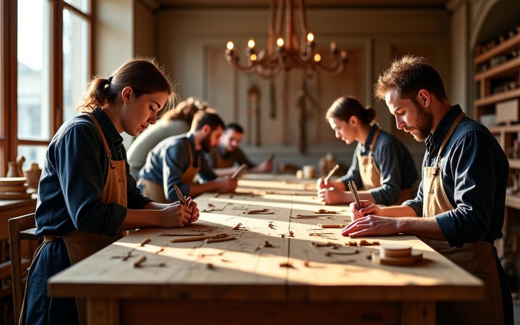 Artisans de Formes Dorées travaillant le bois dans un atelier moderne