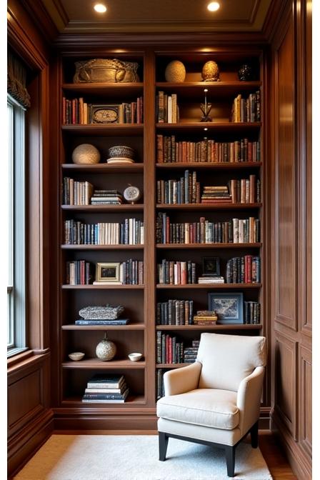 Bibliothèque sur mesure intégrée du sol au plafond dans un bureau élégant