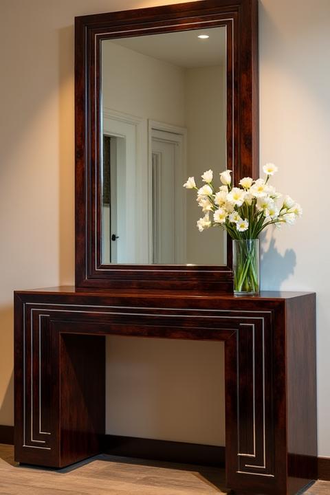Console d'entrée Art Déco avec miroir intégré et placage en bois précieux