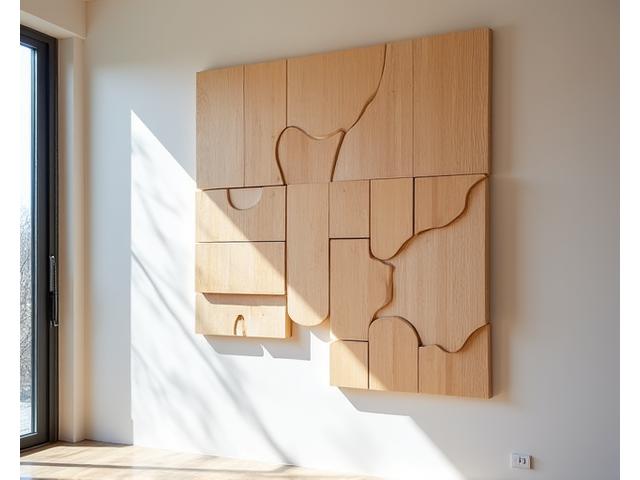 Sculpture murale abstraite en bois clair, pièce maîtresse d'un hall d'entrée