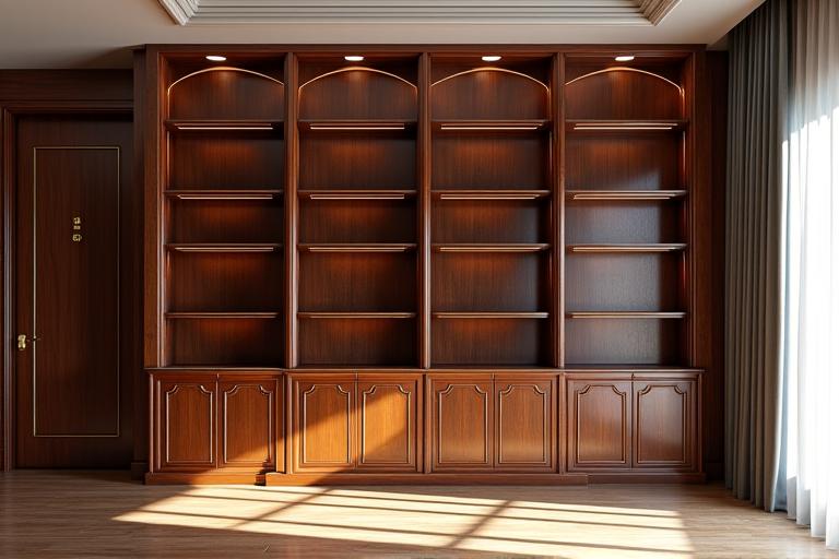 Bibliothèque murale intégrée de style Art Déco avec des détails en bois précieux
