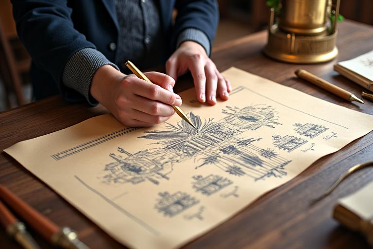 Mains d'architecte esquissant un design Art Déco sur une table devant un plan d'intérieur stylisé