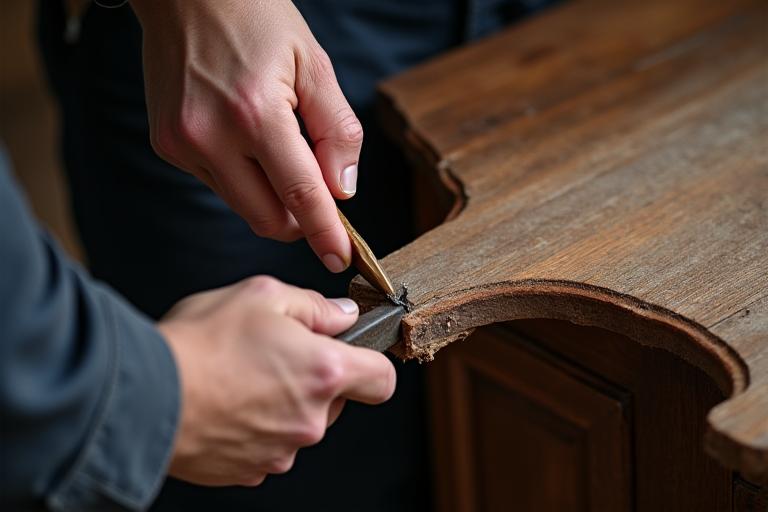 Artisan restaurant un meuble ancien en bois avec des outils traditionnels