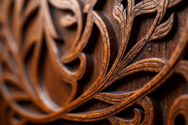 Gros plan sur une sculpture en bois complexe avec des motifs Art Déco